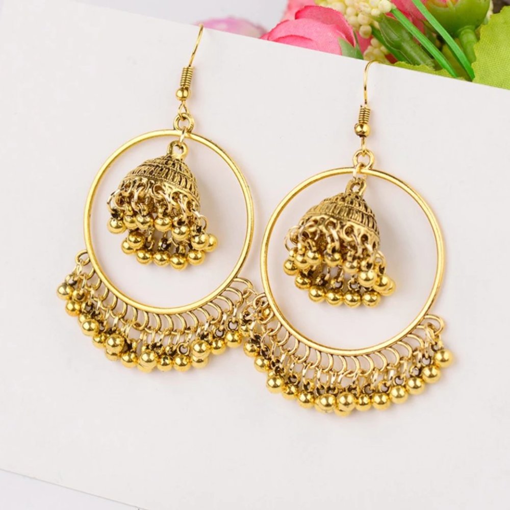 Gold tone Indian hoop earrings with small jhumki jhumka NWT Bollywood statement